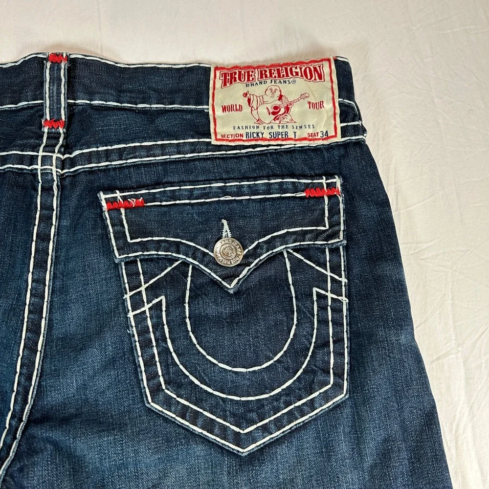 True Religion Ricky Super T Mens 40 Dark Wash Contrast Stitch Straight Jeans USA